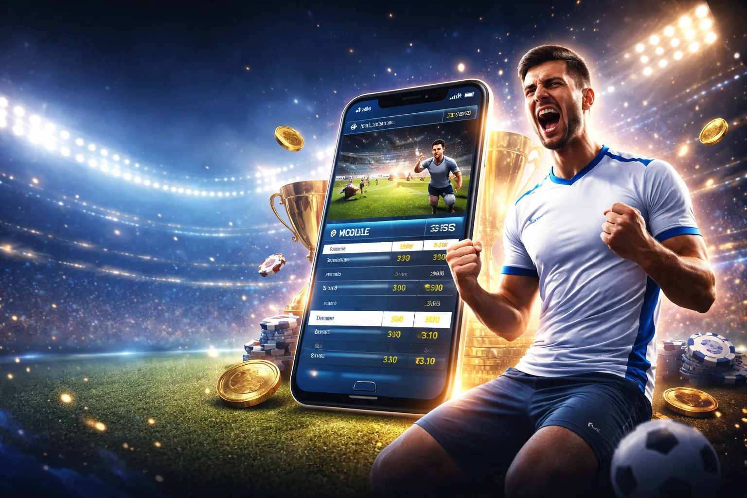 Sân vận động với ánh đèn rực rỡ và logo adbo bet, tượng trưng cho cá cược thể thao sôi động